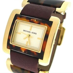 Michael Michael KORS TORTISE SHELL Watch Gold Face Leather Strap New BATTERY